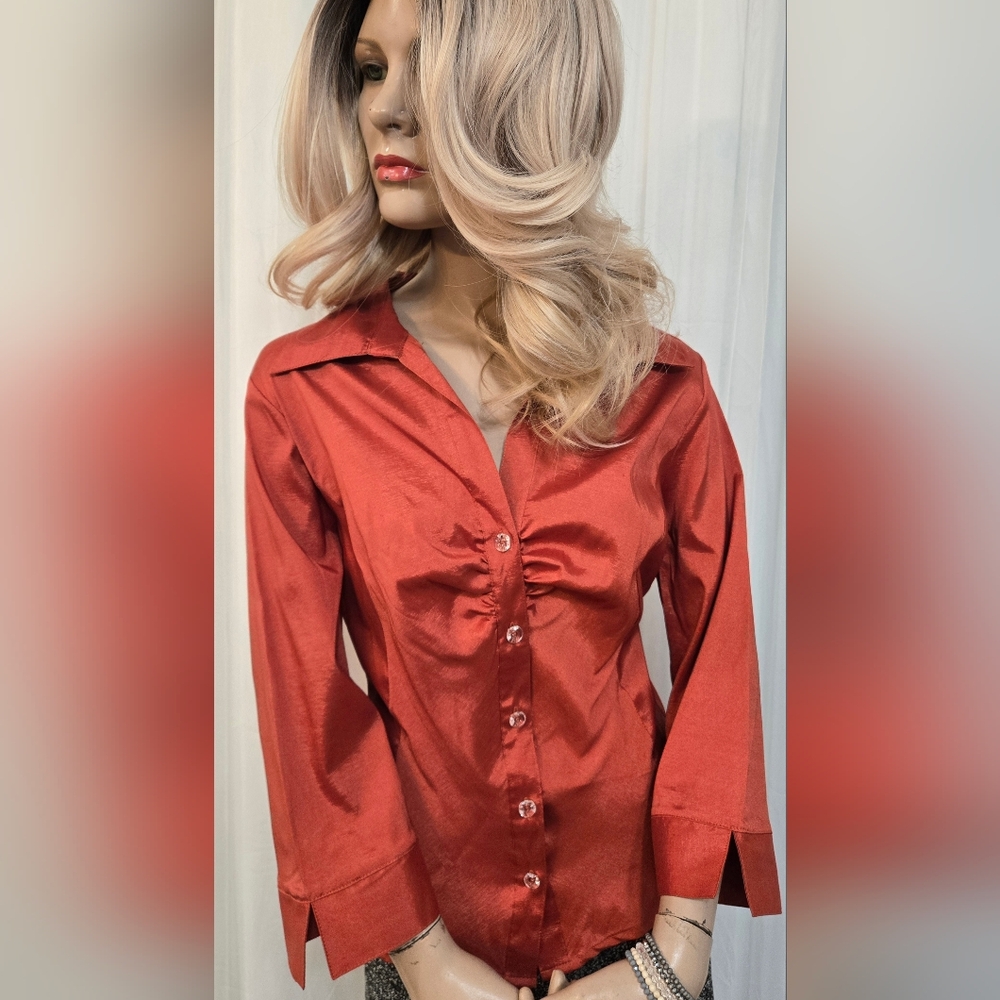 Cato Metallic Rust Colored Button-Down Three Quarter Sleeve Blouse.